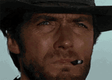 a man with a beard wearing a cowboy hat is smoking a cigar