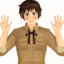 a man in a brown shirt with a black bow tie is waving his hands