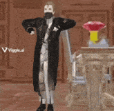 a man in a black coat is standing in front of a table with a viggle.ai logo on the bottom