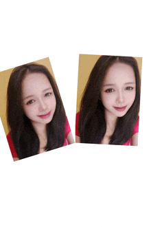 two pictures of a woman 's face are displayed on a white background