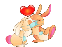 a couple of rabbits wearing face masks and gloves kissing