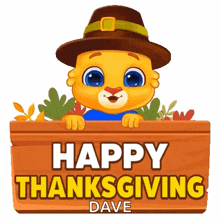 a cartoon cat wearing a pilgrim hat is peeking over a wooden sign that says happy thanksgiving .