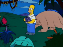 a cartoon of homer simpson holding a camera standing next to a naked bear
