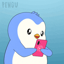 a cartoon of a penguin taking a selfie with a pink cell phone