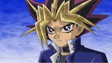 a close up of a cartoon character with yellow hair and purple eyes