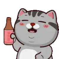 a cartoon cat is holding a bottle of beer