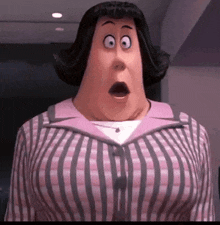 a cartoon character with a surprised look on her face is wearing a pink and gray striped shirt .