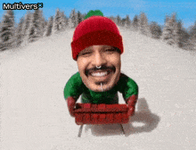 a man wearing a red hat and green sweater is pulling a sled down a snow covered hill .