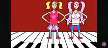 a cartoon of two girls standing next to each other on a piano keyboard with the letters jue on the bottom