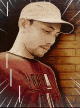 a drawing of a man wearing a hat and a red shirt that says ' yell ' on it