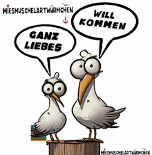 a cartoon of two birds with speech bubbles that say " will kommen "