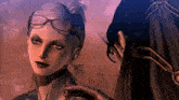 a woman wearing glasses and a butterfly earring stands next to a man