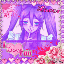 a picture of a girl with purple hair and the words love you on it