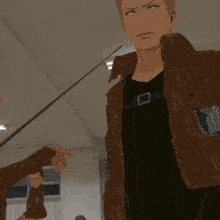a man in a brown jacket is pointing at another person