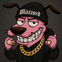 a cartoon dog wearing a beanie that says blazzard on it