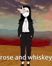 a cartoon of a woman in a suit and tie with the words rose and whiskey on the bottom
