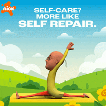 an advertisement for nick shows a man doing a split on a yoga mat