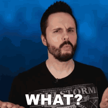 a man with a beard is wearing a storm shirt and asking what