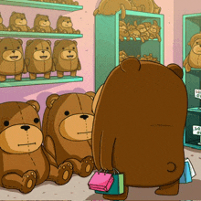 a cartoon of a teddy bear holding a pink bag