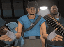 a man in a blue shirt with a dog tag around his neck is surrounded by other men