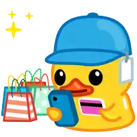 a yellow rubber duck wearing a blue hat is holding a cell phone and a credit card