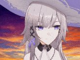 a girl with long white hair and blue eyes wearing a white hat