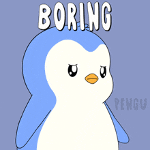 a blue and white penguin with the word boring written above it