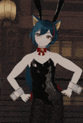 a girl in a bunny outfit stands in front of a sign that says ' a ' on it