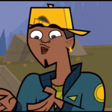 a cartoon character wearing a yellow hat with the letter p on it