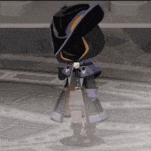a cartoon character wearing a purple coat and a black hat is standing on a tiled floor .