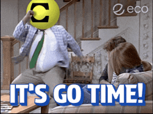 a man with a yellow ball on his head and the words it 's go time on the bottom