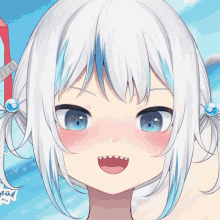a close up of a girl 's face with a sign in the background that says i-xx-i