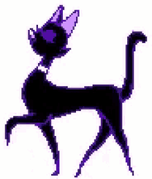 a pixel art drawing of a black cat with purple ears and a purple tail .