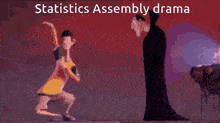 a group of cartoon characters are standing next to each other with the caption statistics assembly drama