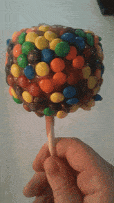 a person is holding a lollipop covered in m & ms