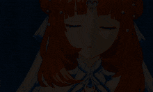a close up of a girl with red hair and a heart shaped necklace on her head .