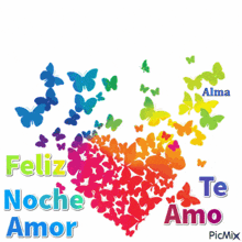 a colorful heart with the words feliz noche amor written on it