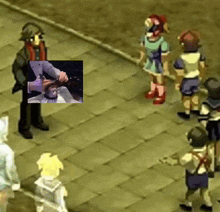 a group of cartoon characters standing on a sidewalk with a picture of a man cutting a man 's hair