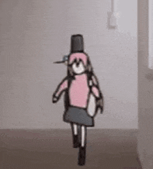 a cartoon character is walking down a hallway with a backpack on her back .