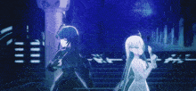 two anime characters are standing next to each other in a dark room with a blue background