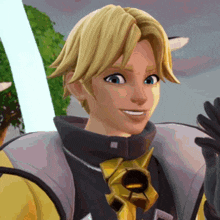 a cartoon character with blonde hair is smiling and holding a light saber