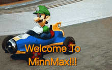 a picture of mario driving a car with the words welcome to minnmax
