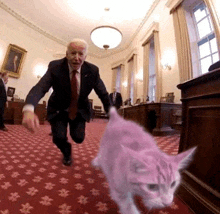 a man in a suit and tie is running towards a pink cat .