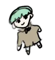 a drawing of a boy with green hair wearing a brown coat