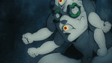 a cartoon drawing of a monster with yellow eyes and black claws