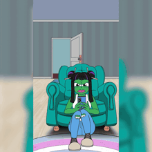 a cartoon character is sitting in a chair and looking at her phone