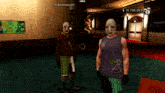 two men wearing face masks are standing next to each other in a room with a sign that says 15 785 261