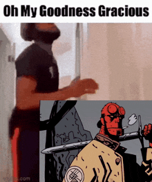 a man with a beard is standing next to a cartoon character holding a gun and smoking a cigarette
