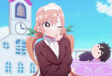 a girl with a crown on her head stands in front of a church with a clock on it