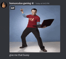 a gif of a man holding a laptop is being displayed on a screen that says homunculus gaming